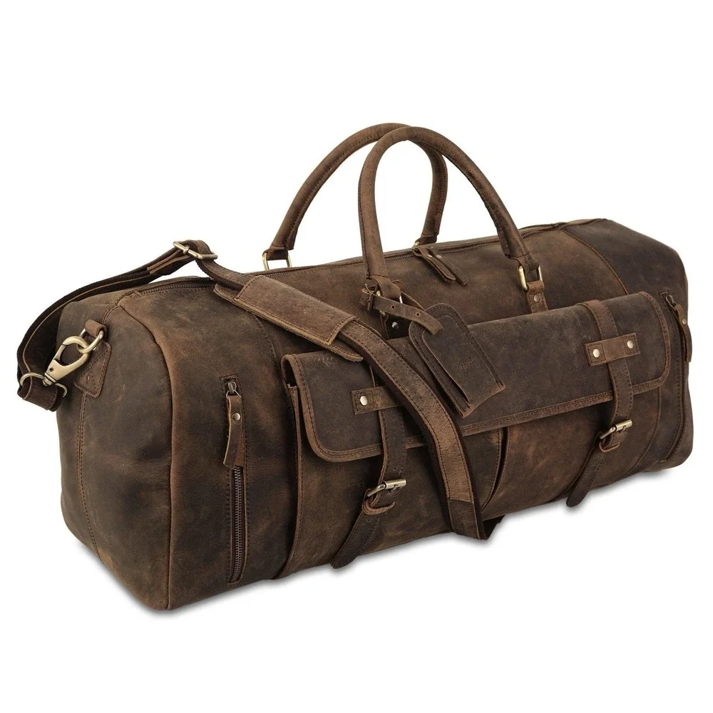 KomalC Distressed Brown Buffalo Leather Large Duffel Weekender Bag Shoe Comp